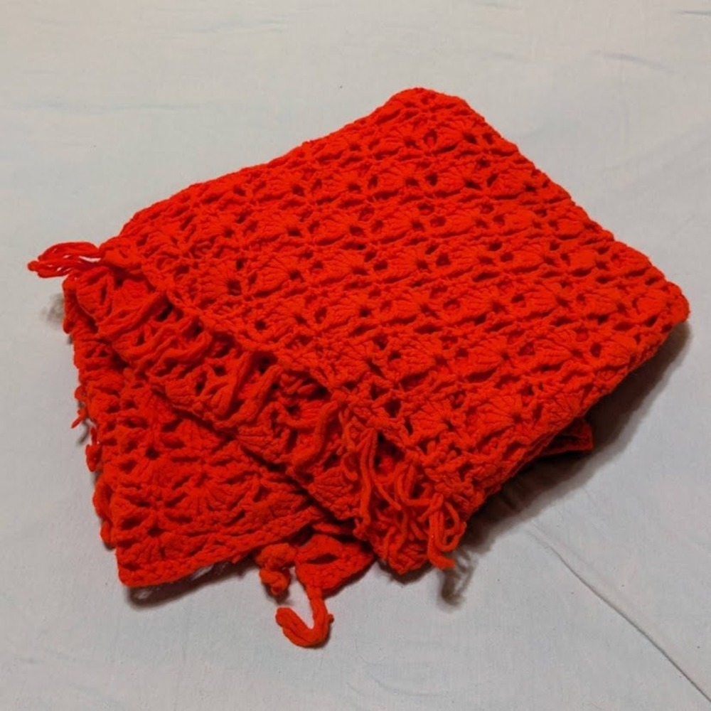 Vintage Red‎ Crochet Blanket Throw Fringe Open Knit Floral Handmade